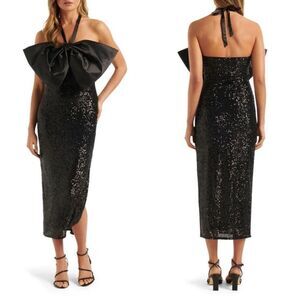 NWT Ever New Melbourne Liana Bow Halter Sequin Midi Dress in Black size 12